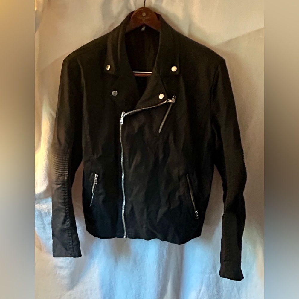 Divided Black Men’s L Asymmetric Faux Leather Zip Moto Jacket